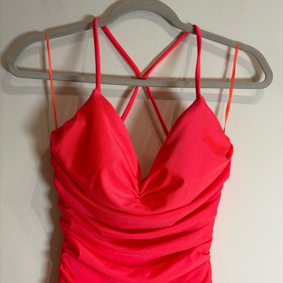 La Femme 29020 Plunging V-neck Ruched Prom Sheath Dress Neon Coral 0 - Picture 7 of 14